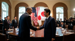 日米首脳が握手する外交会談の様子