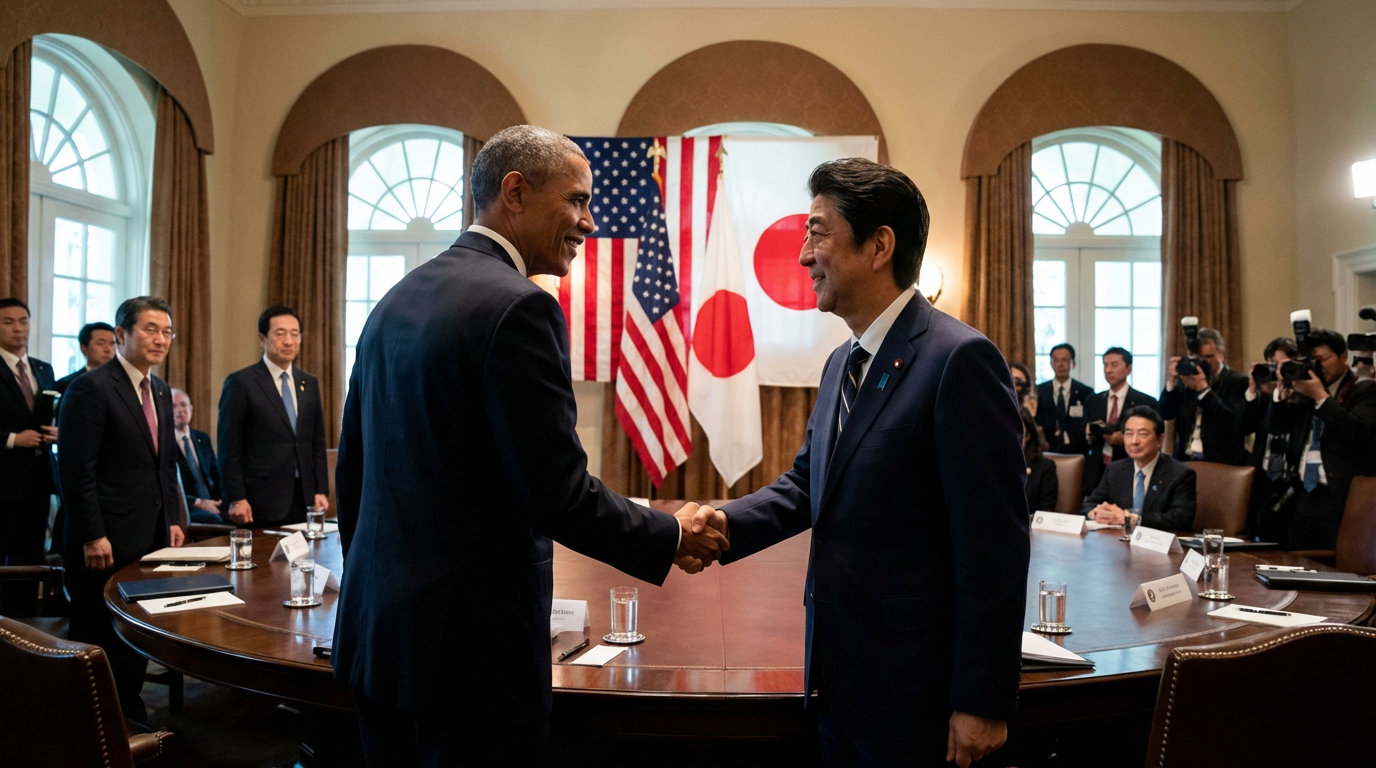 日米首脳が握手する外交会談の様子