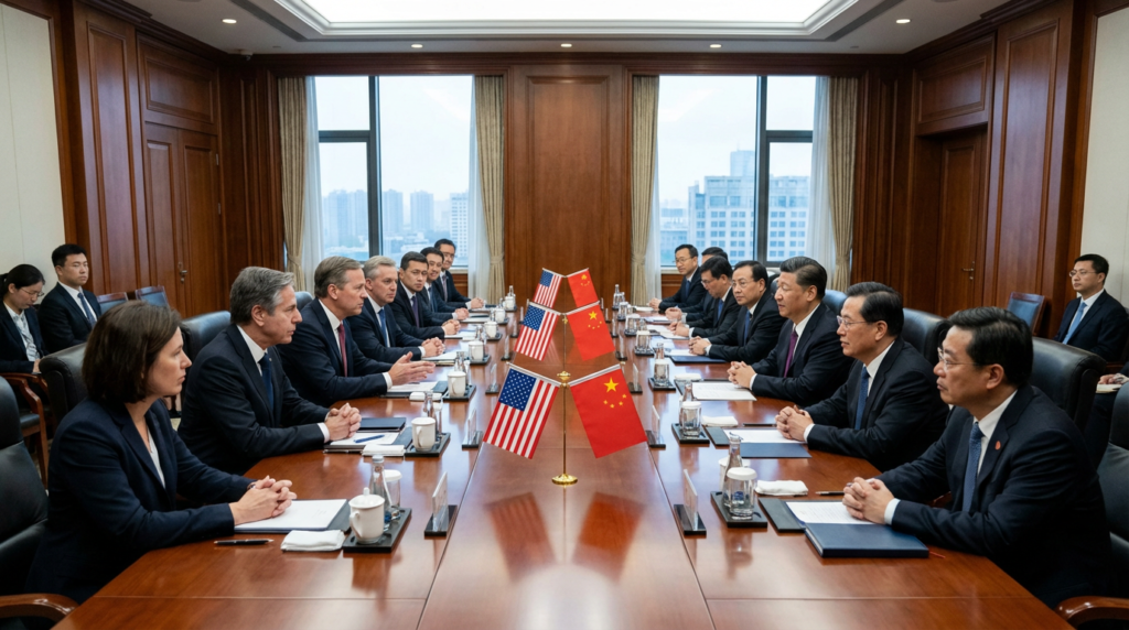 米中両国の閣僚が会議テーブルで向き合う様子