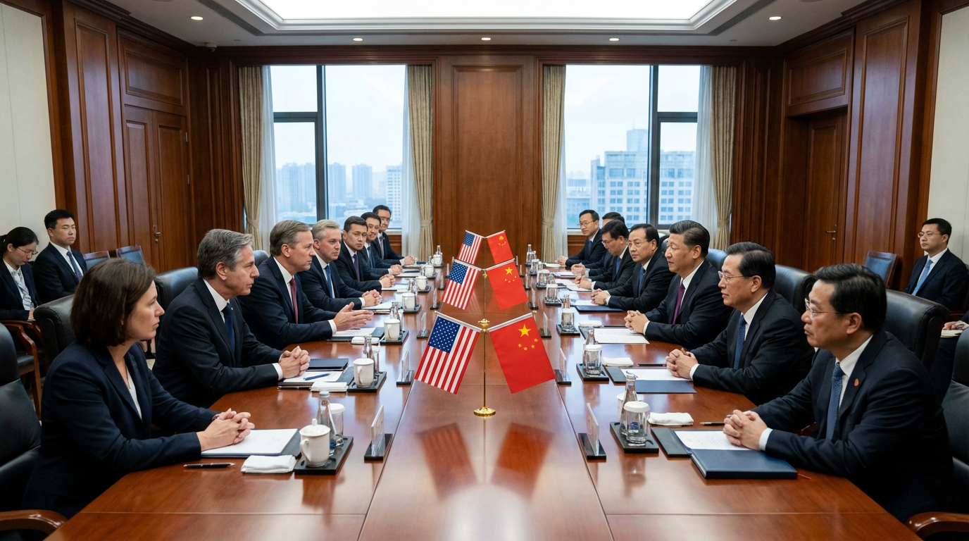 米中両国の閣僚が会議テーブルで向き合う様子