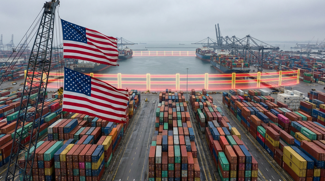 米国の関税政策で港湾に積まれたコンテナと貿易制限