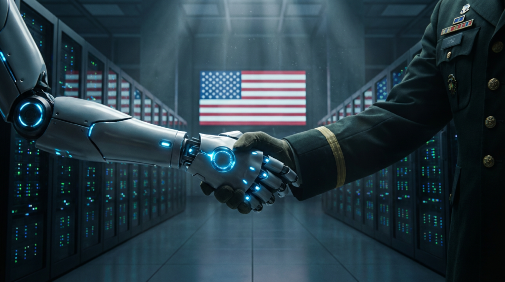 AIロボットと軍関係者が握手する人工知能と国防の融合