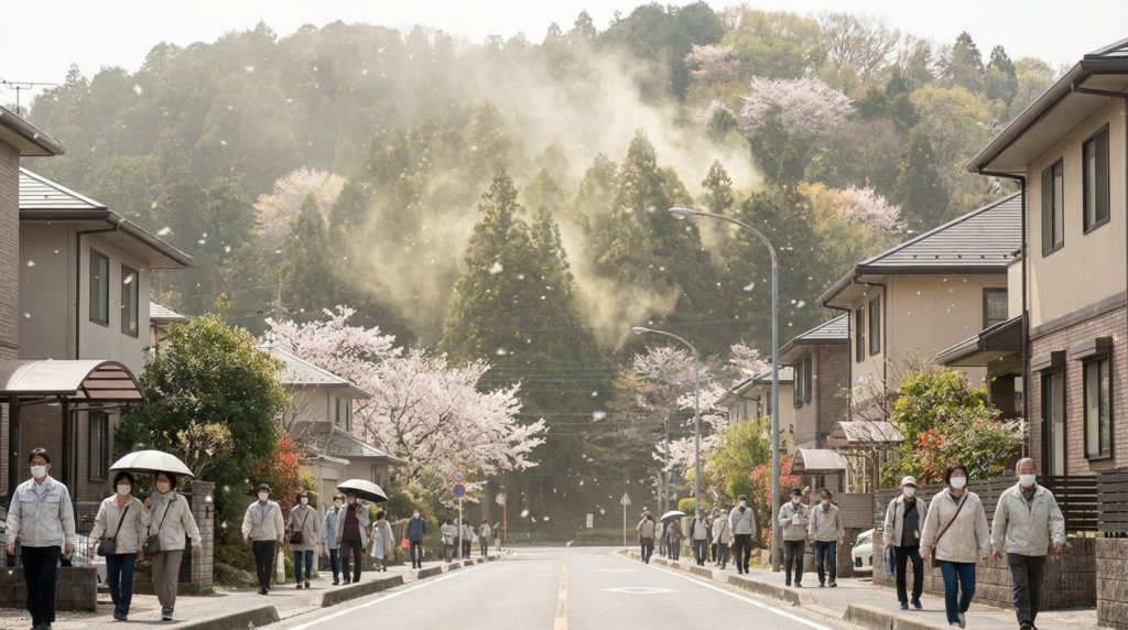 花粉が舞う春の日本の街をマスクで歩く人々