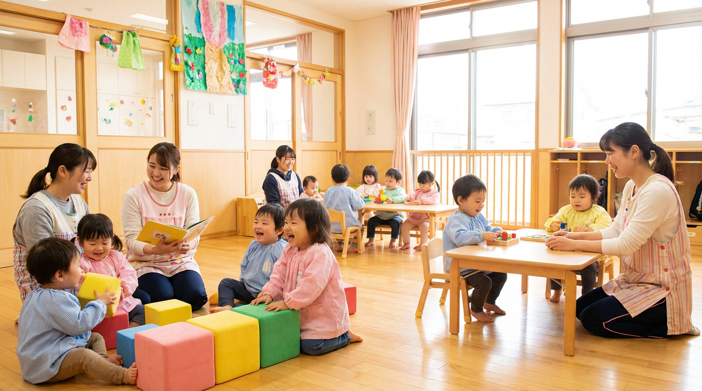 明るい保育室で遊ぶ子どもたちと保育士