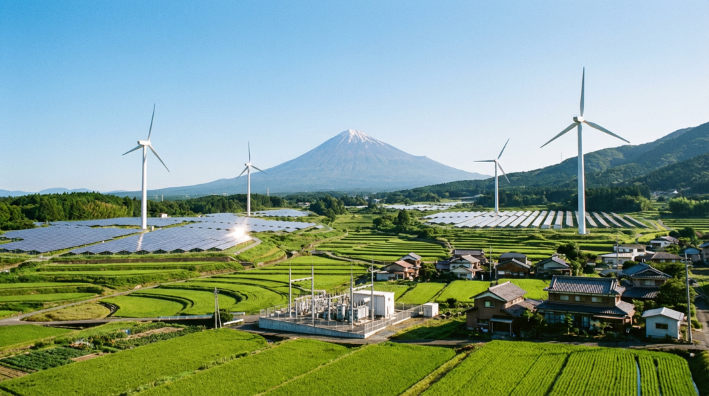 富士山を背景に広がる太陽光・風力発電設備